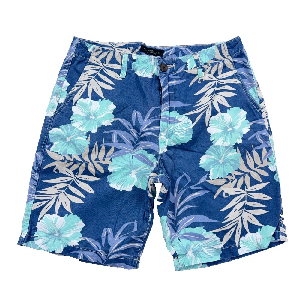 American Eagle Chino Shorts Men 33 Blue Floral Flat Front Twill Hula Hawaiian